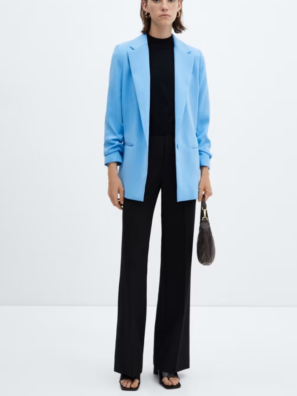 MANGO Sky Blue Ruched Sleeve Blazer Jacket